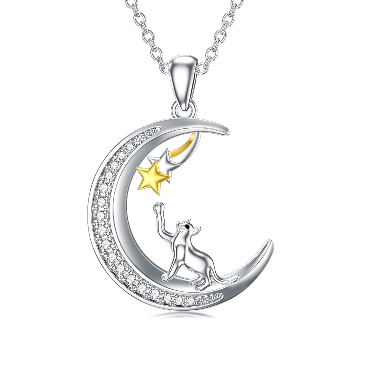 Sterling Silver Two-Tone Cat & Moon Star Pendant Necklace For Teen Girl-1