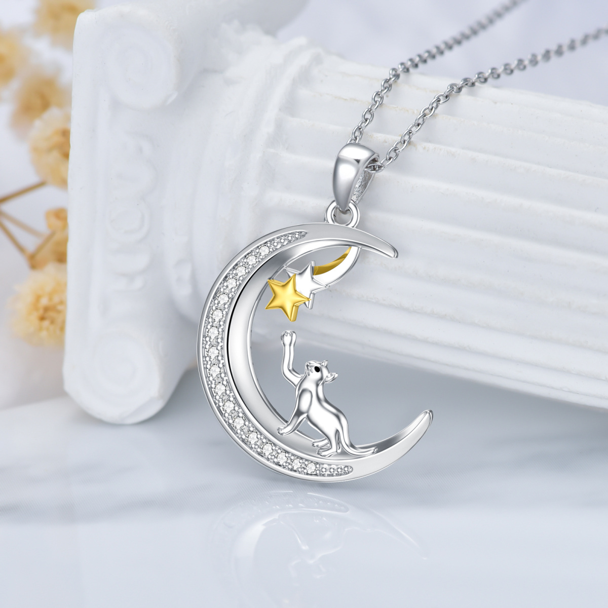 Sterling Silver Two-Tone Cat & Moon Star Pendant Necklace For Teen Girl-3