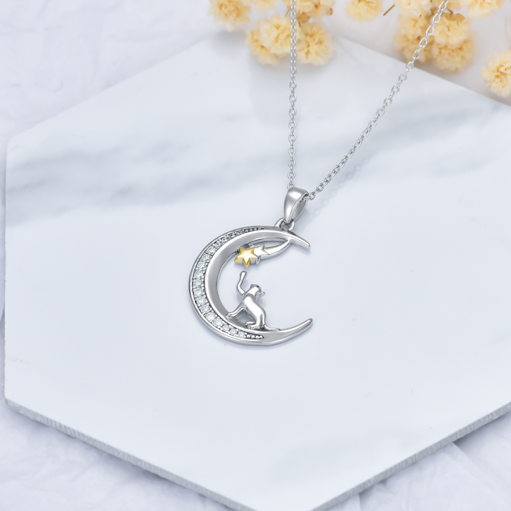 Collar con colgante de estrella lunar y gato en dos tonos de plata de ley para adolescente-4