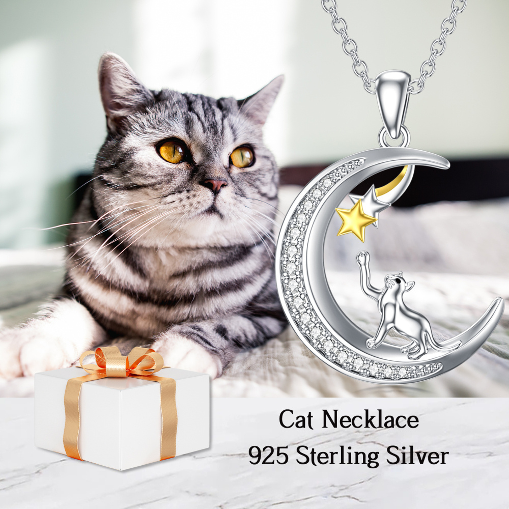 Collar con colgante de estrella lunar y gato en dos tonos de plata de ley para adolescente-5