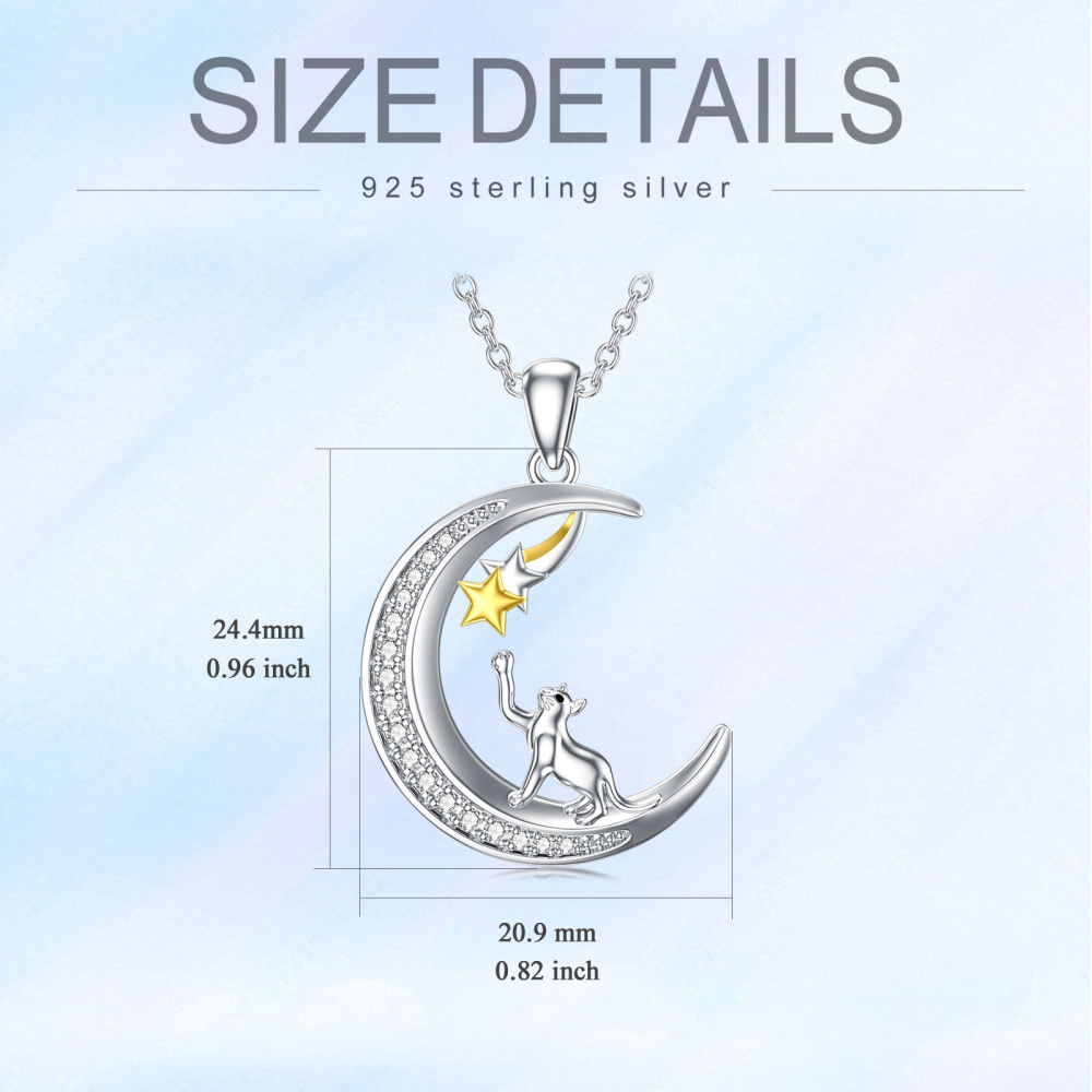 Collar con colgante de estrella lunar y gato en dos tonos de plata de ley para adolescente-6