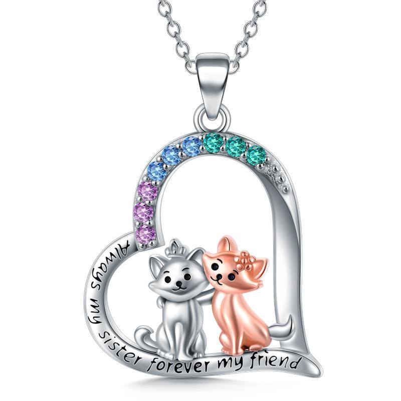 Sterling Silver Two-Tone Cz Heart Cats Pendant Necklace Jewelry Gift For Sisters-3