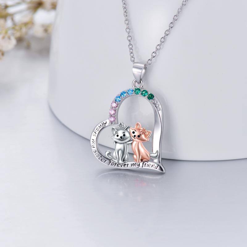 Sterling Silver Two-Tone Cz Heart Cats Pendant Necklace Jewelry Gift For Sisters-3