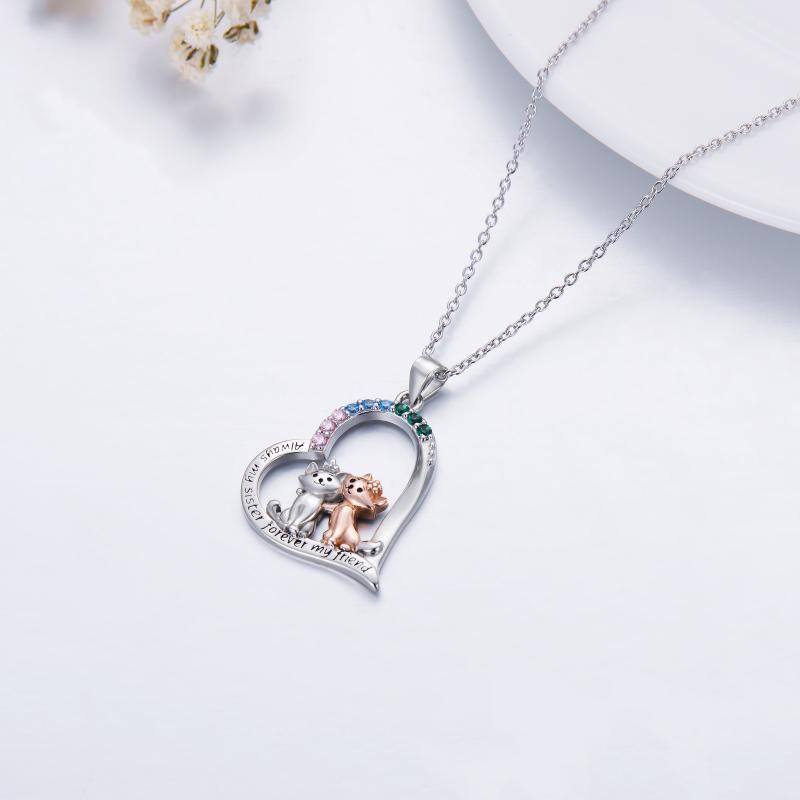 Sterling Silver Two-Tone Cz Heart Cats Pendant Necklace Jewelry Gift For Sisters-4