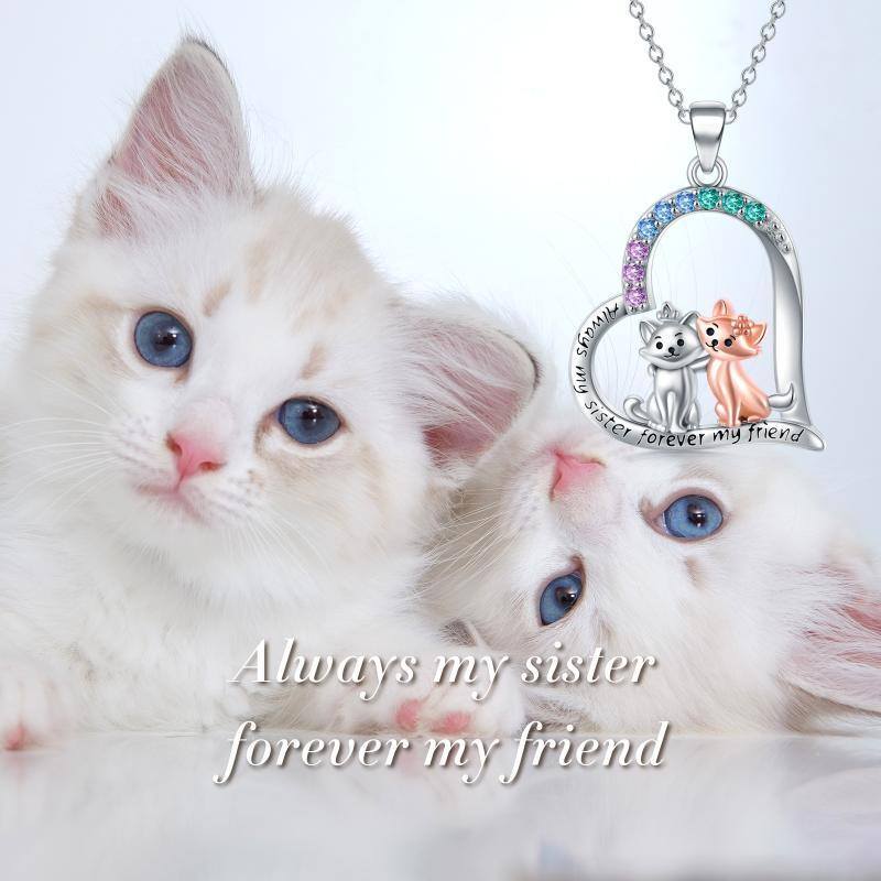 Sterling Silver Two-Tone Cz Heart Cats Pendant Necklace Jewelry Gift For Sisters-6