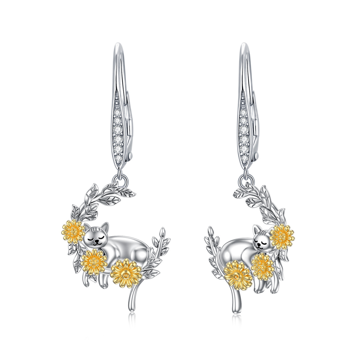 Boucles d'oreilles à levier en argent sterling avec chat et lune avec oxyde de zirconium circulaire bicolore et tournesol pour femme-1