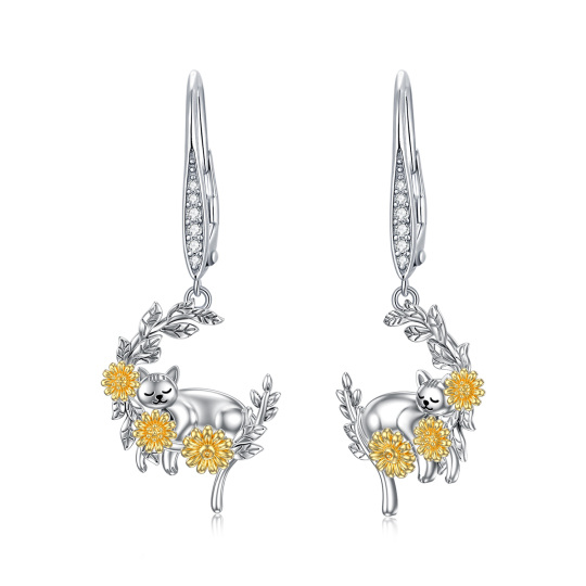 Boucles d'oreilles à levier en argent sterling avec chat et lune avec oxyde de zirconium circulaire bicolore et tournesol pour femme