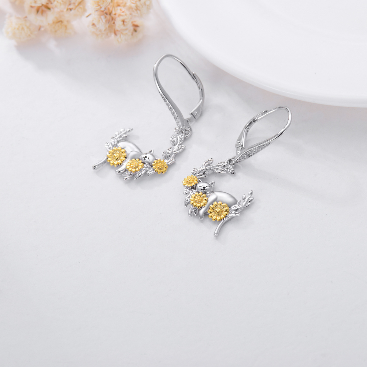 Boucles d'oreilles à levier en argent sterling avec chat et lune avec oxyde de zirconium circulaire bicolore et tournesol pour femme-3