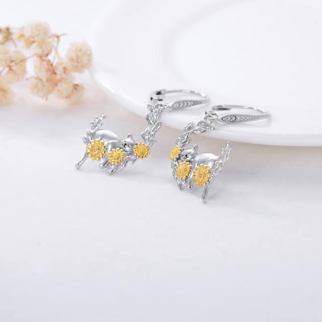 Boucles d'oreilles bicolores en argent sterling avec zircon cubique en forme de chat, tour-4