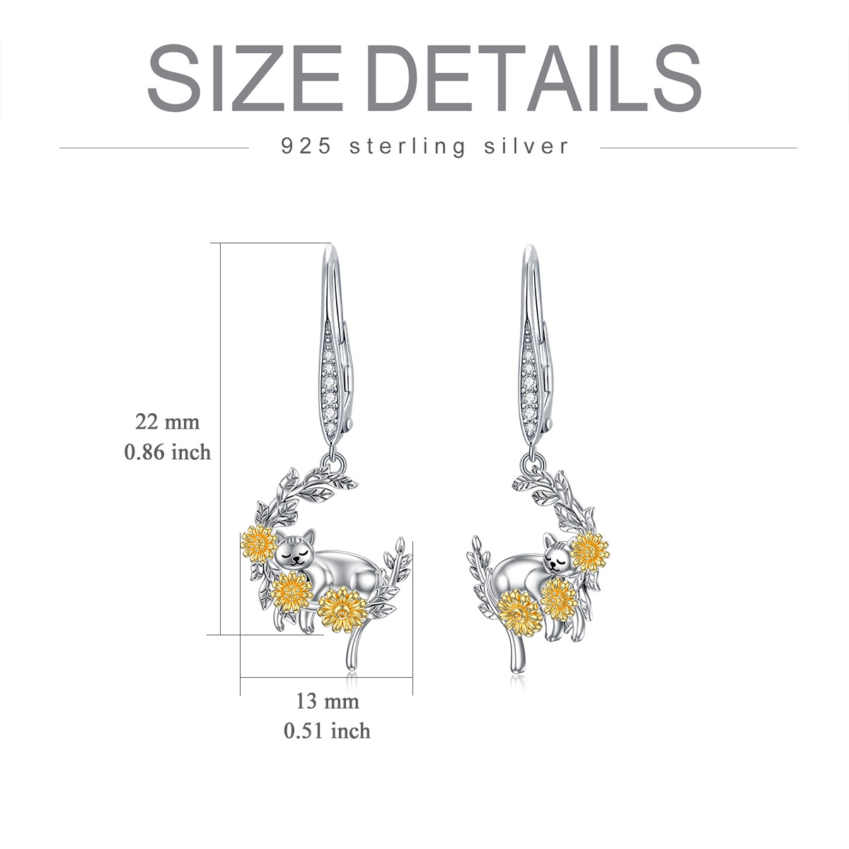 Boucles d'oreilles à levier en argent sterling avec chat et lune avec oxyde de zirconium circulaire bicolore et tournesol pour femme-5