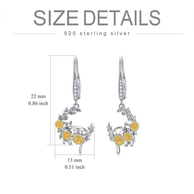 Sterling Silver Two-tone Circular Shaped Cubic Zirconia Cat & Sunflower & Moon Lever-back Earrings-5