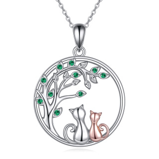 Sterling Silver Two-tone Circular Shaped Cubic Zirconia Cat & Tree Of Life Pendant Necklace-43