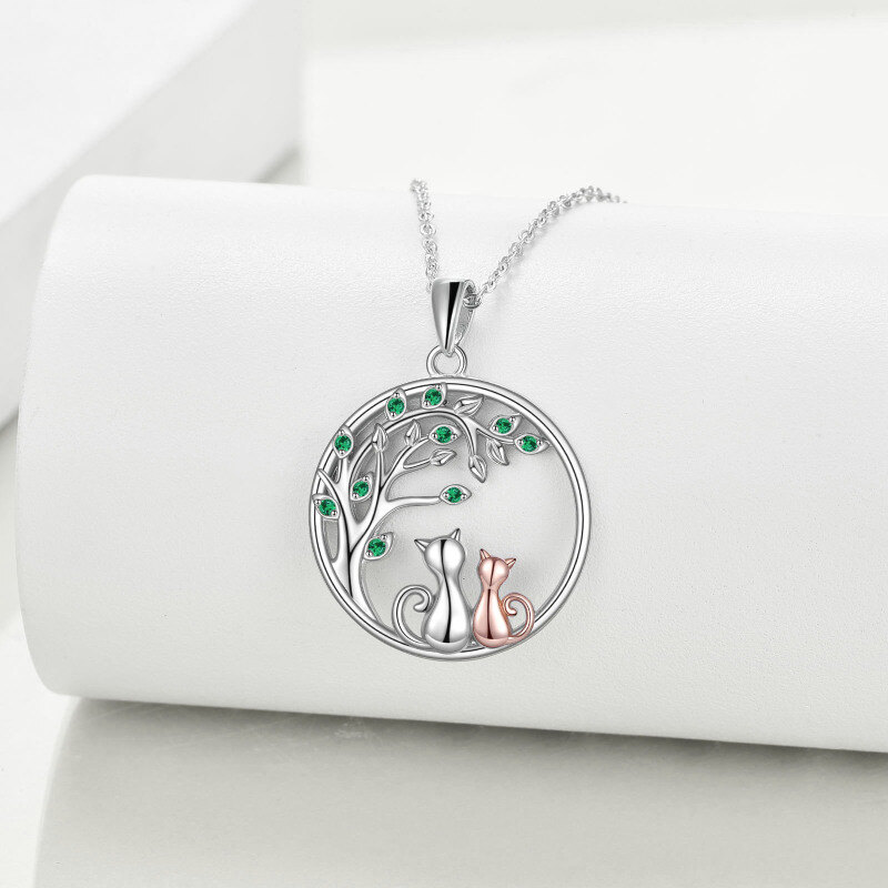 Sterling Silver Two-tone Circular Shaped Cubic Zirconia Cat & Tree Of Life Pendant Necklace-3