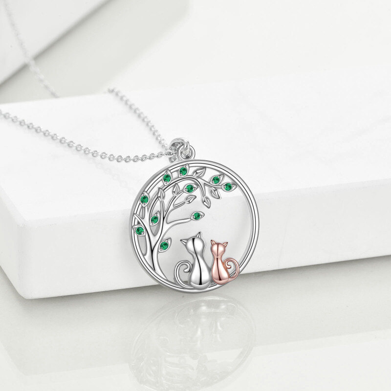 Sterling Silver Two-tone Circular Shaped Cubic Zirconia Cat & Tree Of Life Pendant Necklace-4