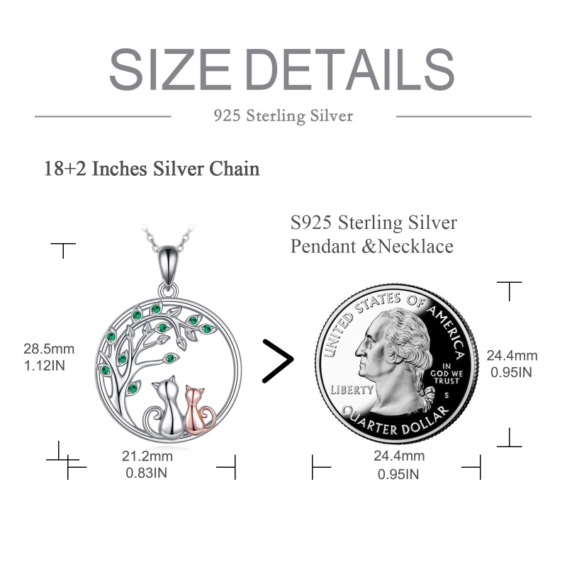 Sterling Silver Two-tone Circular Shaped Cubic Zirconia Cat & Tree Of Life Pendant Necklace-5