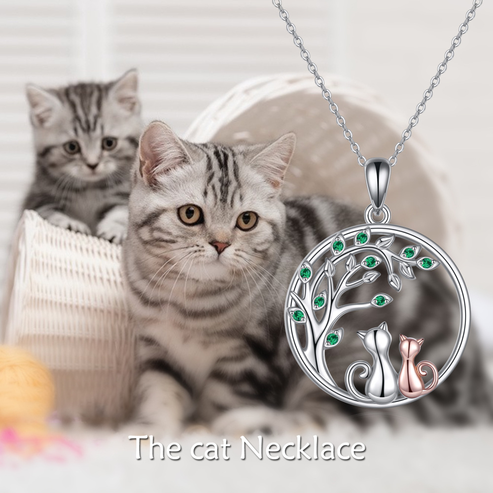 Sterling Silver Two-tone Circular Shaped Cubic Zirconia Cat & Tree Of Life Pendant Necklace-6