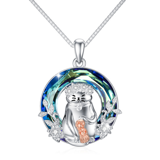 Sterling Silver Two-tone Circular Shaped Cat & Wildflowers Crystal Pendant Necklace