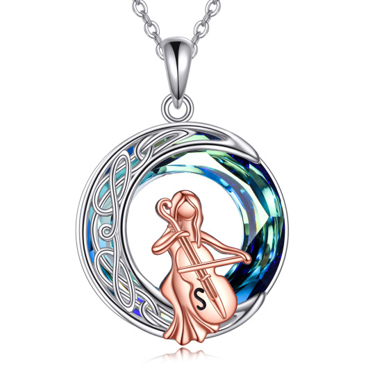 Sterling Silver Two-tone Circular Shaped Cello & Celtic Knot Crystal Pendant Necklace