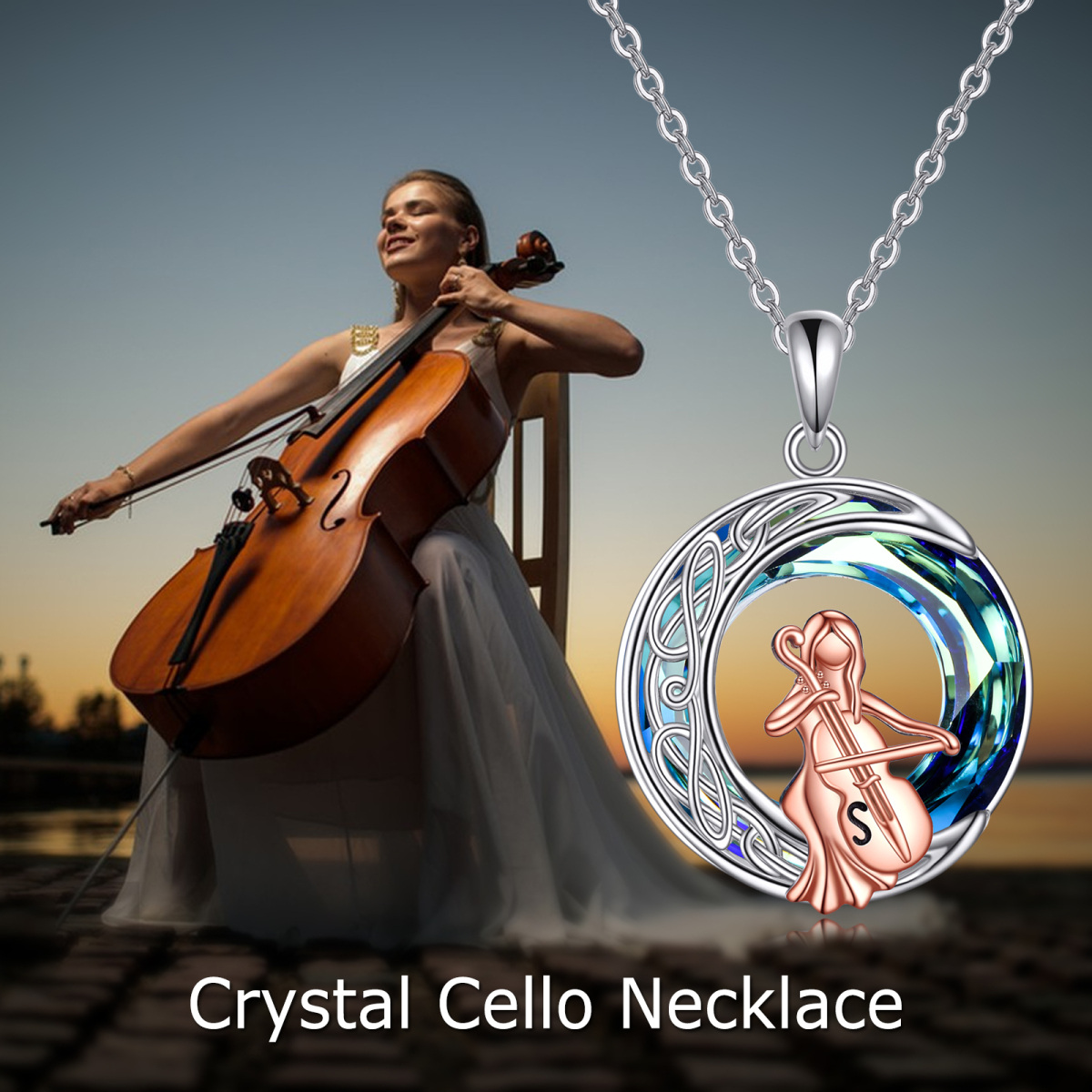 Sterling Silver Two-tone Circular Shaped Cello & Celtic Knot Crystal Pendant Necklace-3