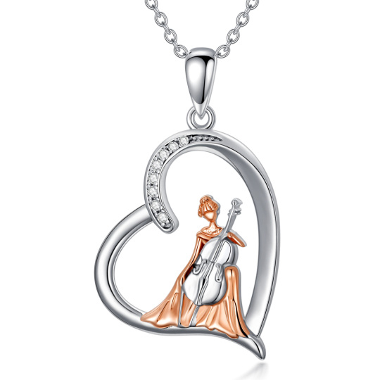 Sterling zilveren tweekleurige cirkelvormige cubic zirconia cello en hart hanger ketting