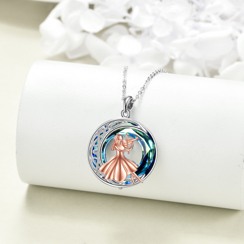 Sterling Silver Two-tone Circular Shaped Celtic Knot & Violin Crystal Pendant Necklace-3