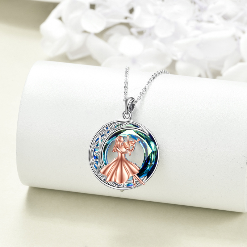 Sterling Silber zweifarbiger kreisförmiger keltischer Knoten & Geige Kristall Anhänger Hal-3