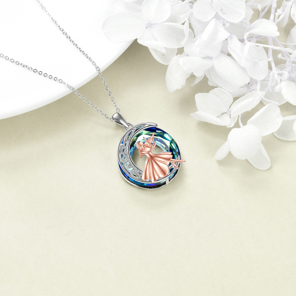 Sterling Silver Two-tone Circular Shaped Celtic Knot & Violin Crystal Pendant Necklace-4