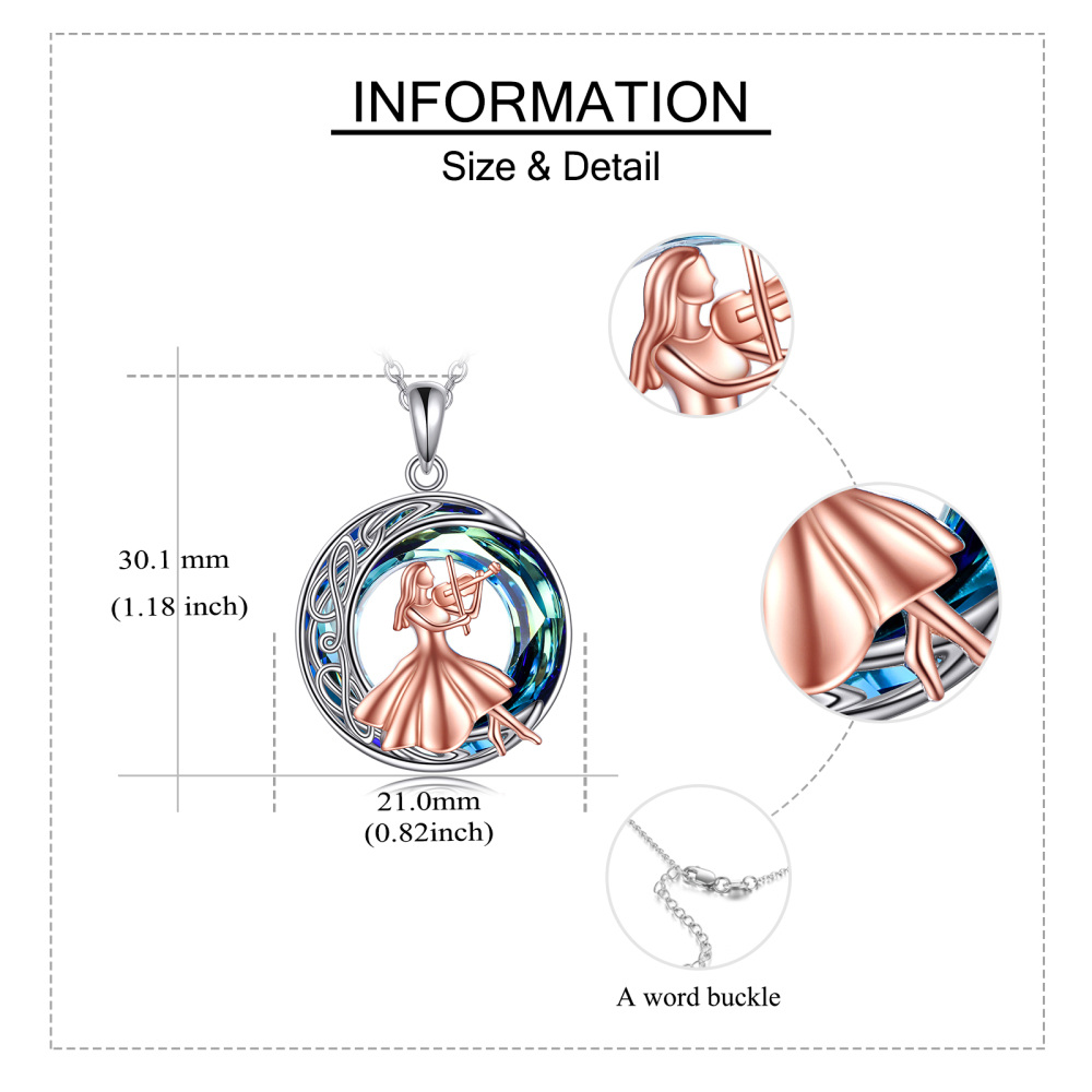 Sterling Silver Two-tone Circular Shaped Celtic Knot & Violin Crystal Pendant Necklace-5