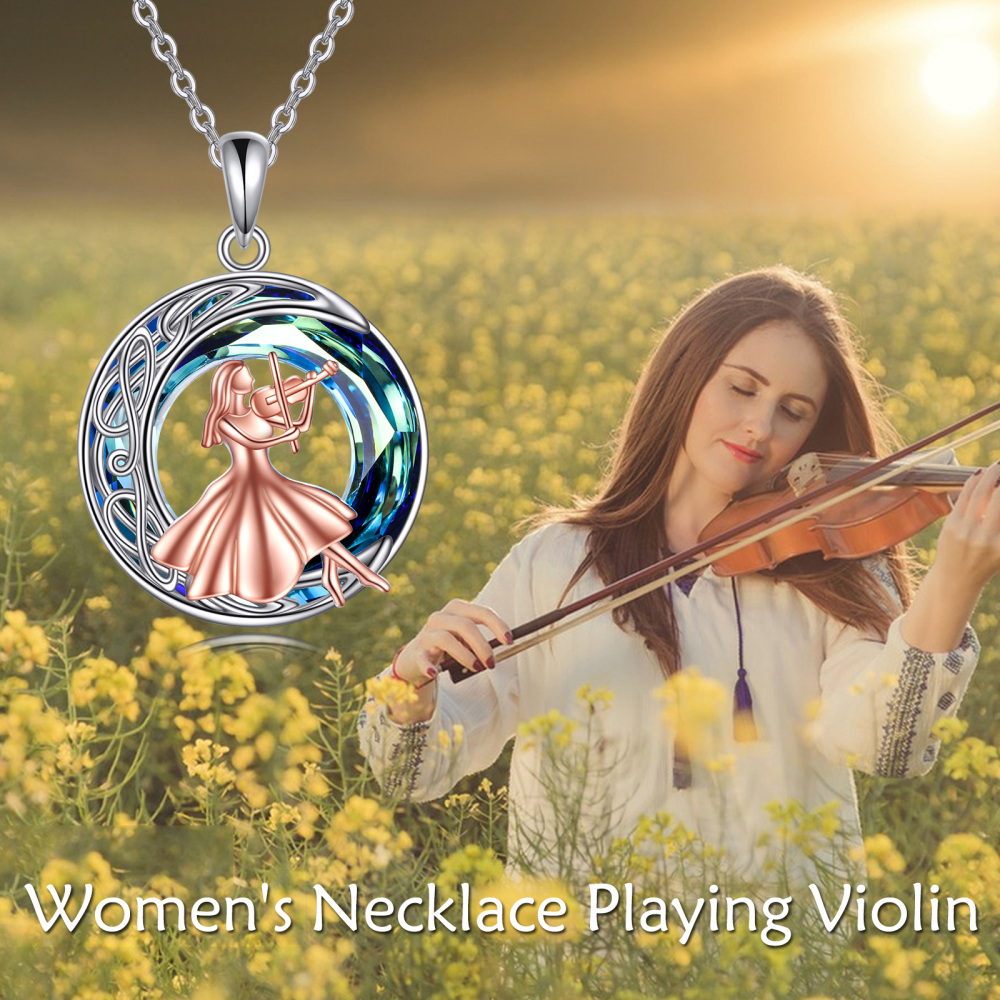 Sterling Silver Two-tone Circular Shaped Celtic Knot & Violin Crystal Pendant Necklace-6