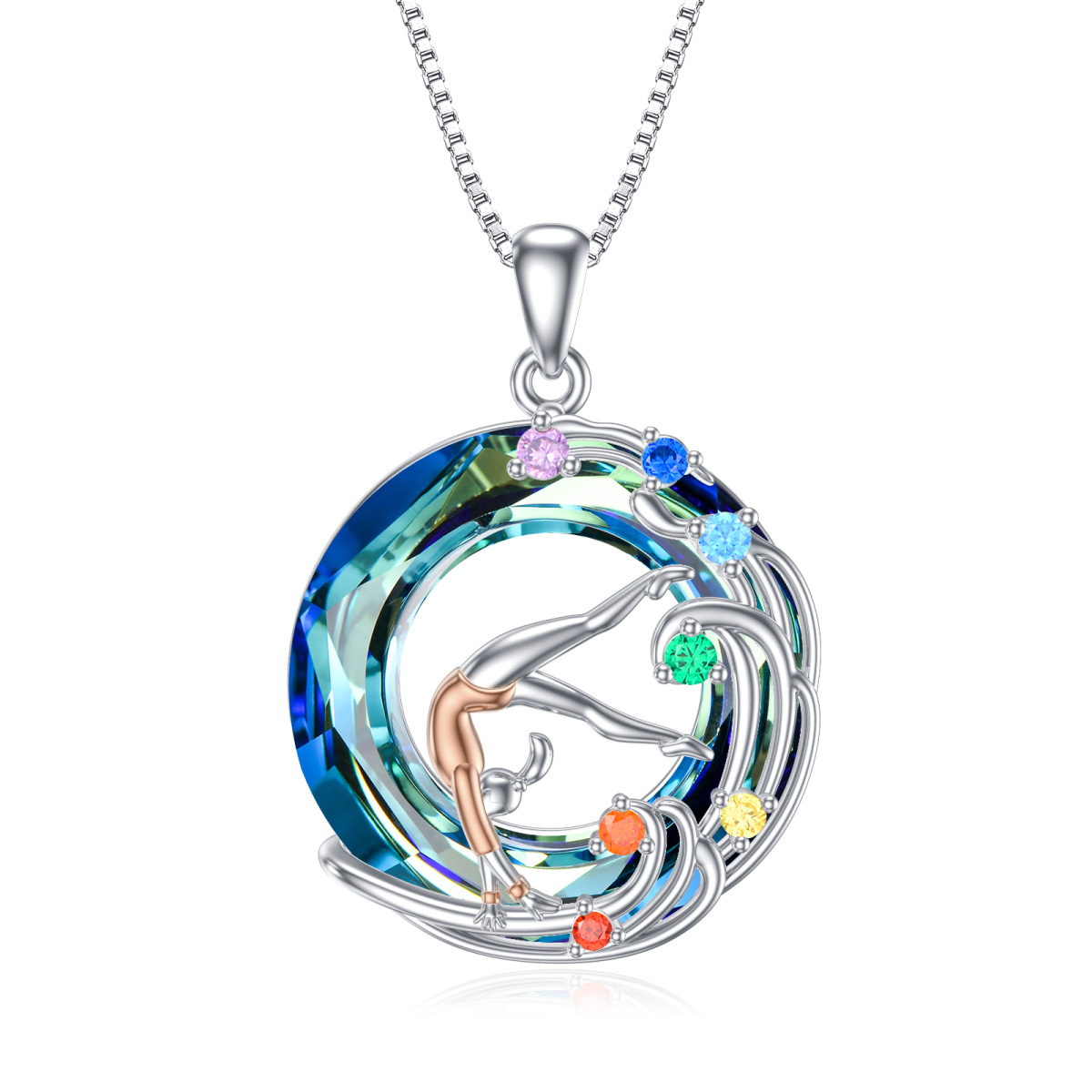 Collana bicolore in argento sterling con ciondolo circolare a forma di chakra e ginnasta di cristallo-1