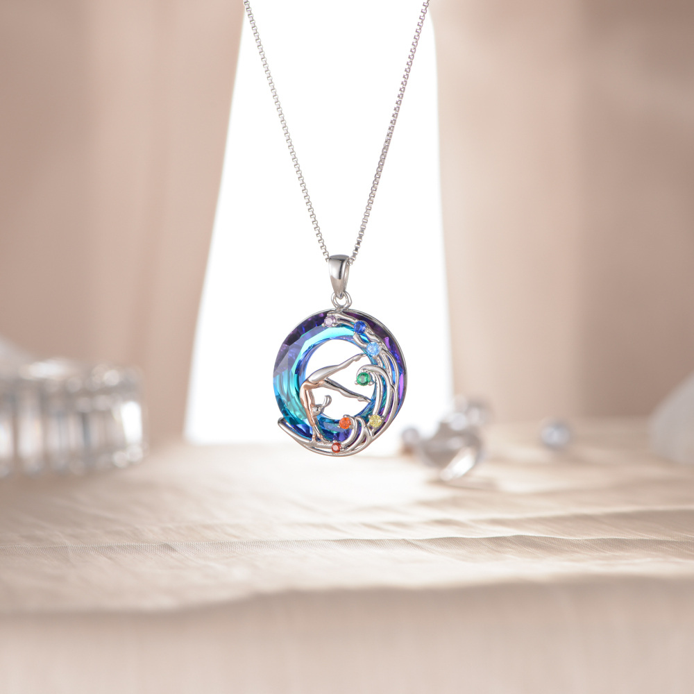 Sterling Silver Two-tone Circular Shaped Chakras & Gymnast Crystal Pendant Necklace-3