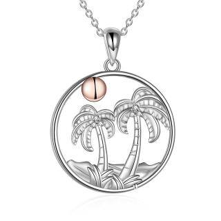 Sterling Silver Two-tone Circular Shaped Cubic Zirconia Coconut Tree Pendant Necklace-41