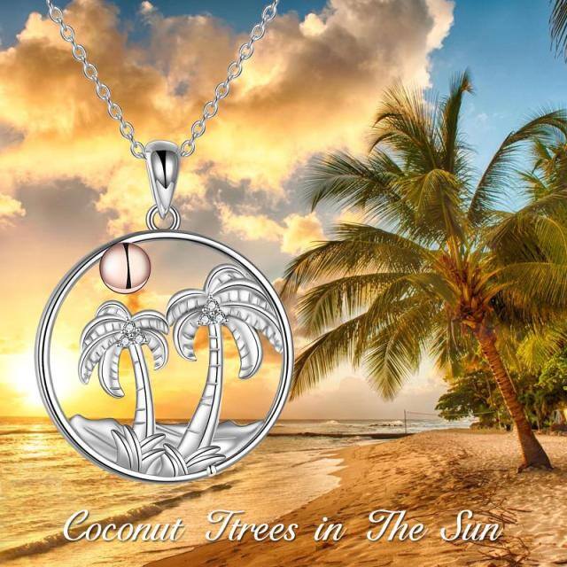 Sterling Silver Two-tone Circular Shaped Cubic Zirconia Coconut Tree Pendant Necklace-5