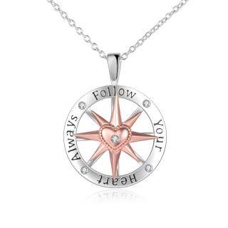 Sterling Silver Two-tone Circular Shaped Cubic Zirconia Compass Pendant Necklace-47