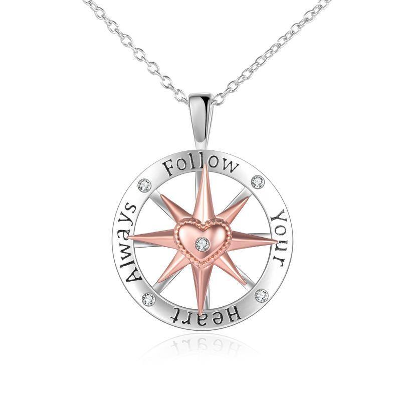 Sterling Silver Two-tone Circular Shaped Cubic Zirconia Compass Pendant Necklace-14