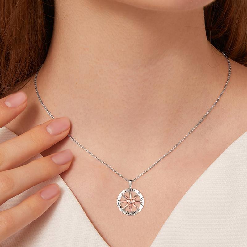 Sterling Silver Two-tone Circular Shaped Cubic Zirconia Compass Pendant Necklace-2