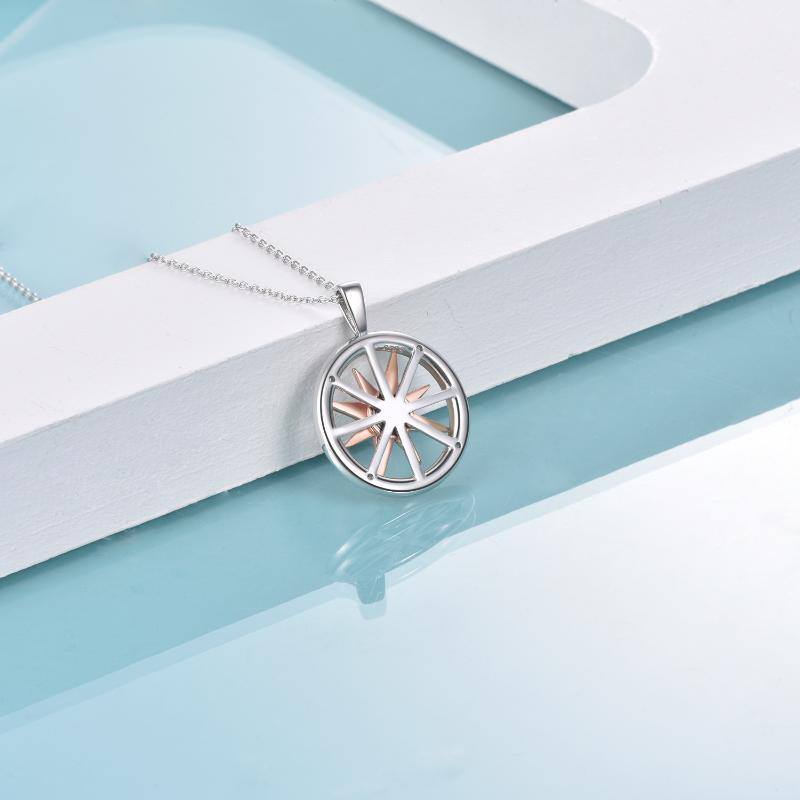 Sterling Silver Two-tone Circular Shaped Cubic Zirconia Compass Pendant Necklace-3