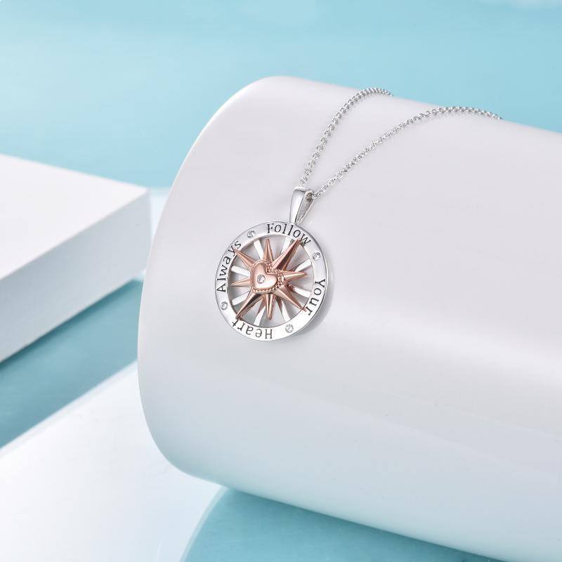 Sterling Silver Two-tone Circular Shaped Cubic Zirconia Compass Pendant Necklace-4