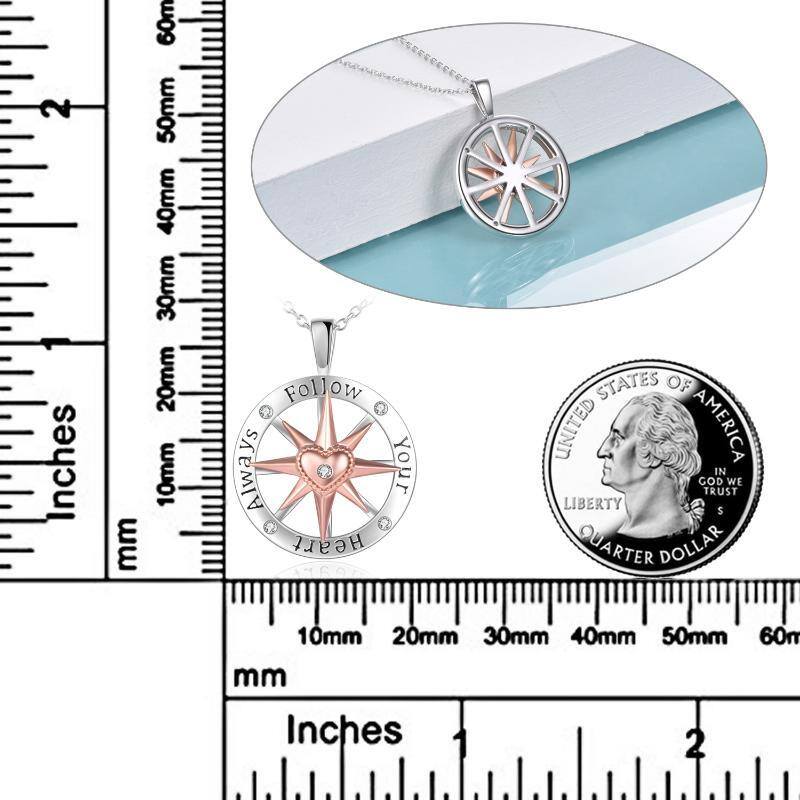 Sterling Silver Two-tone Circular Shaped Cubic Zirconia Compass Pendant Necklace-5