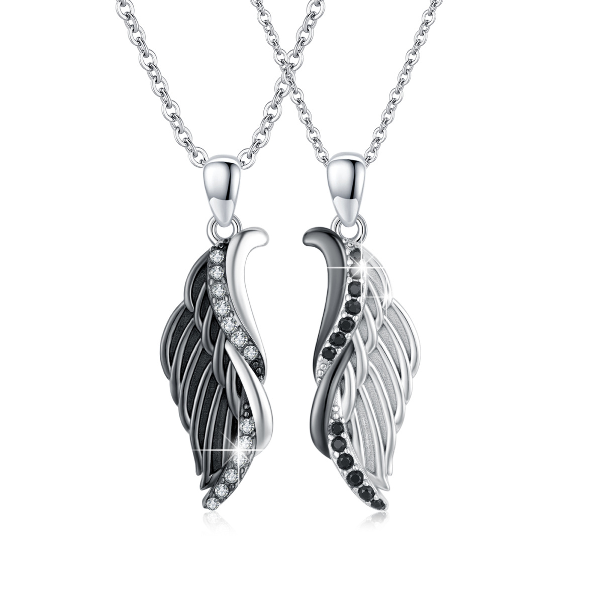 Sterling Silver Two-tone Circular Shaped Cubic Zirconia Couple & Angel Wing Pendant Necklace-1