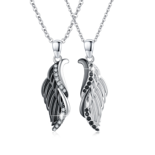 Sterling Silver Two-tone Circular Shaped Cubic Zirconia Couple & Angel Wing Pendant Necklace