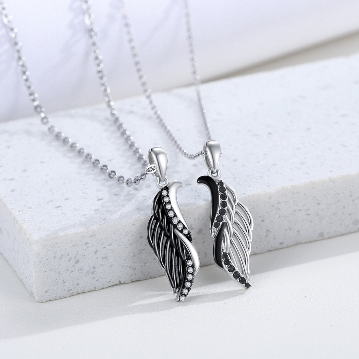 Sterling Silver Two-tone Circular Shaped Cubic Zirconia Couple & Angel Wing Pendant Necklace-2