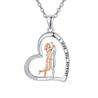 Sterling Silver Two-tone Circular Shaped Cubic Zirconia Couple & Heart Pendant Necklace with Engraved Word-60