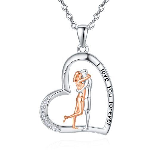 Sterling Silver Two-tone Circular Shaped Cubic Zirconia Couple & Heart Pendant Necklace with Engraved Word