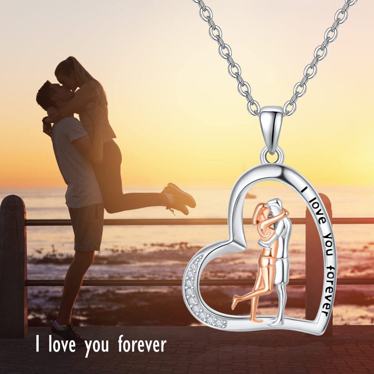 Sterling Silver Two-tone Circular Shaped Cubic Zirconia Couple & Heart Pendant Necklace with Engraved Word-4