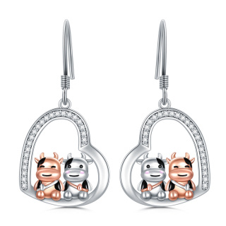 Sterling Silver Two-tone Circular Shaped Cubic Zirconia Cow & Heart Drop Earrings-33