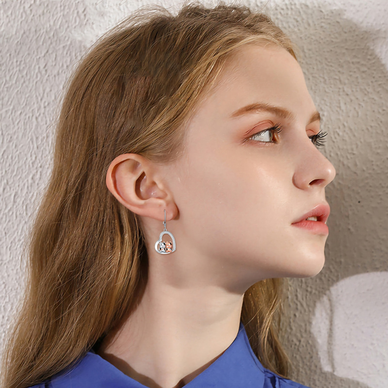 Sterling Silver Two-tone Circular Shaped Cubic Zirconia Cow & Heart Drop Earrings-2