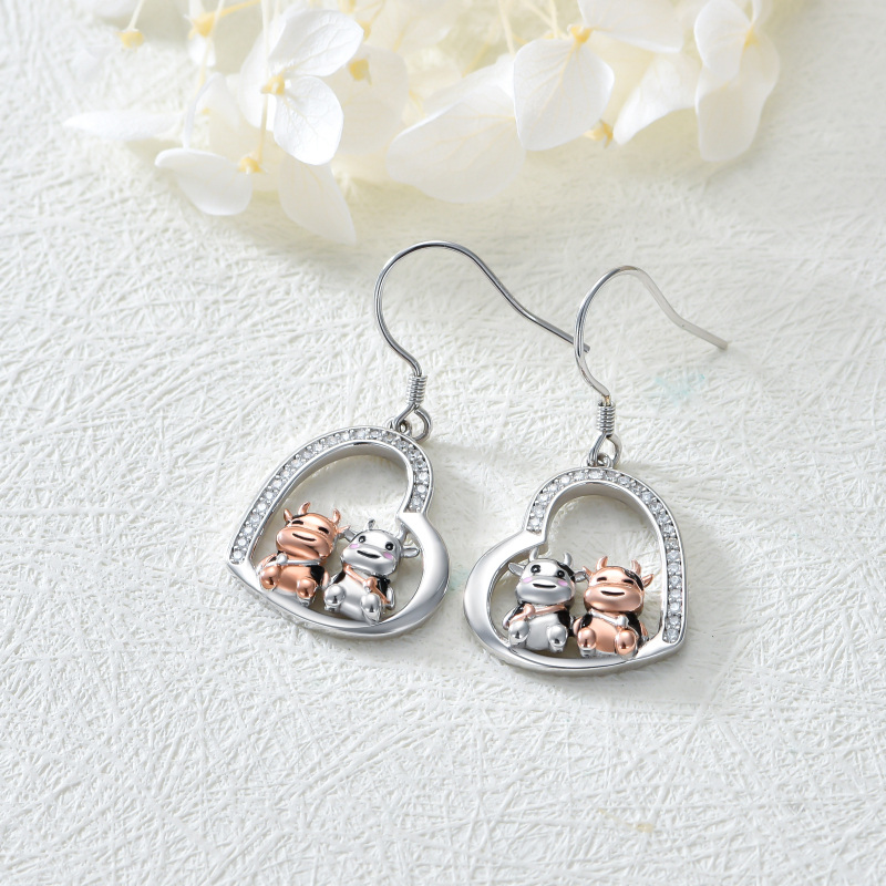 Sterling Silver Two-tone Circular Shaped Cubic Zirconia Cow & Heart Drop Earrings-3