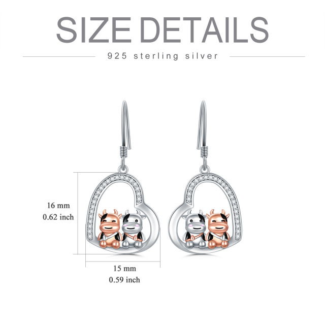 Sterling Silver Two-tone Circular Shaped Cubic Zirconia Cow & Heart Drop Earrings-6