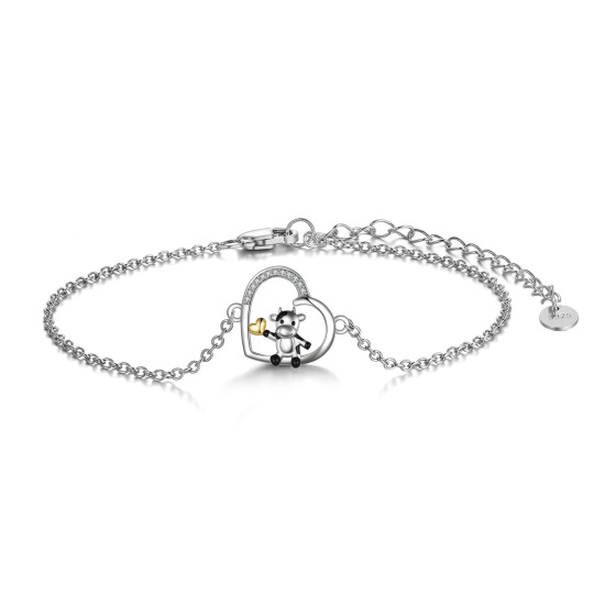 Bracciale bicolore in argento sterling a forma di circolare con ciondolo a forma di mucca e di cuore